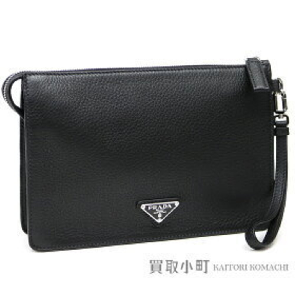 Prada Triangle Logo Wristlet Leather Grained Calfskin VITELLO CITY Nero CLUCH